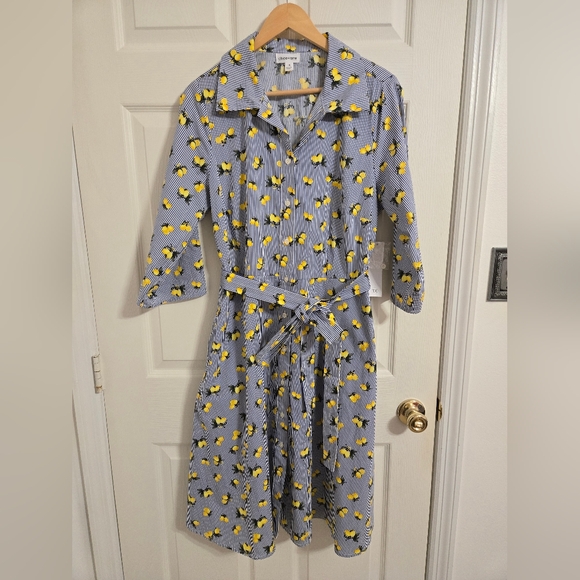 Chloe+Rene Dresses & Skirts - Chloe + Rene Blue Striped Dress with Lemon Pattern Belted Waist Size 1X NWT